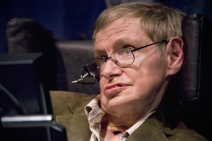 Professor of mathematics at Cambridge University Stephen W. Hawking discusses theories on the origin of the universe in a talk in Berkeley