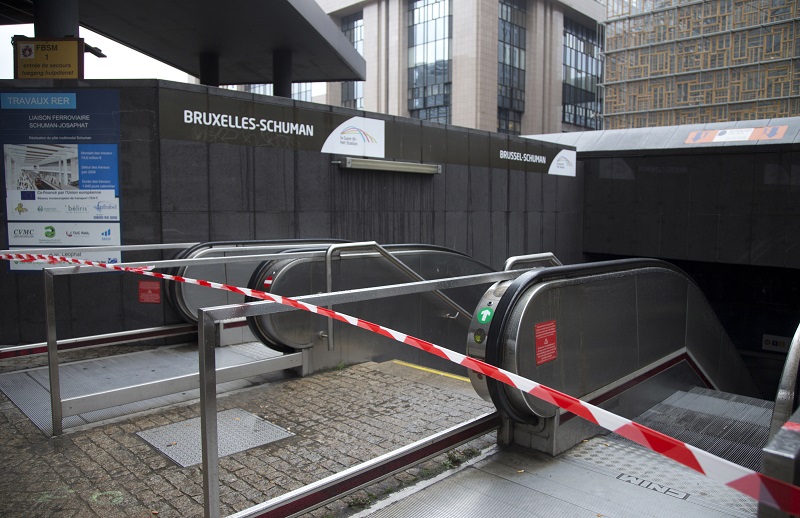 Police tape blocks the entrance of a metro station in Brussels on Saturday, Nov. 21, 2015. Belgium raised its security level to the highest degree on Saturday as the manhunt continues for extremist Salah Abdeslam who took part in the Paris attacks. The security alert shut metro's, shops, and cancelled events with high concentrations of people. (AP Photo/Virginia Mayo)