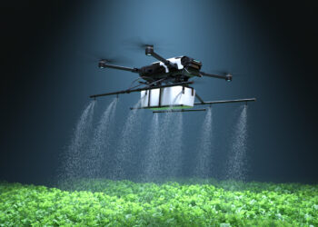 Drone spraying fertilizer on vegetable green plants, Agriculture technology, Farm automation. 3D illustration