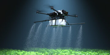 Drone spraying fertilizer on vegetable green plants, Agriculture technology, Farm automation. 3D illustration