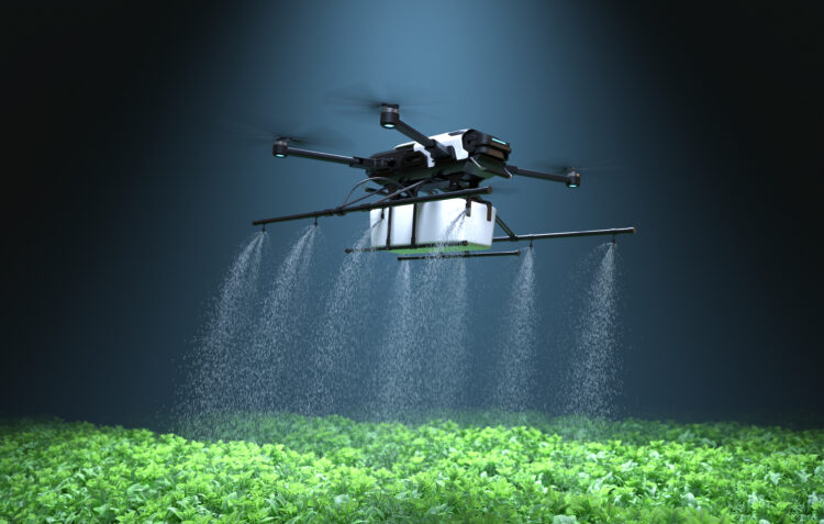 Drone spraying fertilizer on vegetable green plants, Agriculture technology, Farm automation. 3D illustration