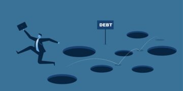 Businessmen trying to run their business in a state of debt that is holding back the business.