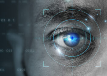Retinal biometrics technology with man’s eye digital remix