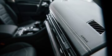 Place for airbag. Close up view of interior of brand new modern luxury automobile.