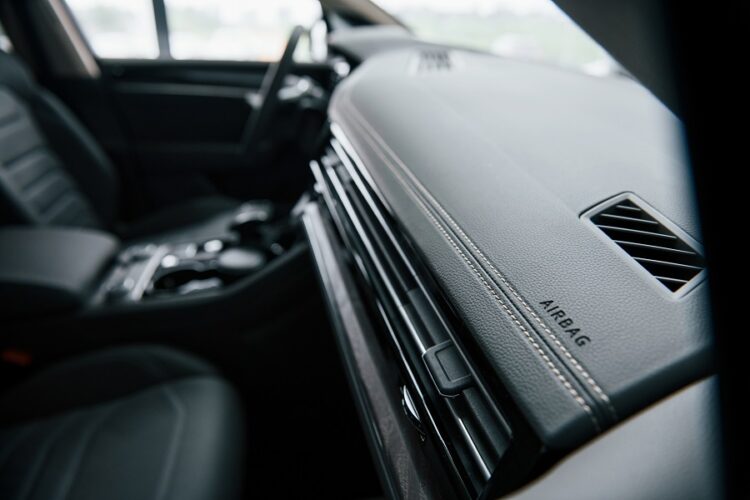 Place for airbag. Close up view of interior of brand new modern luxury automobile.