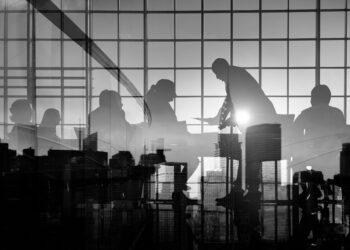 Silhouette Business People Discussion Meeting Cityscape Team Concept
