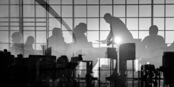 Silhouette Business People Discussion Meeting Cityscape Team Concept