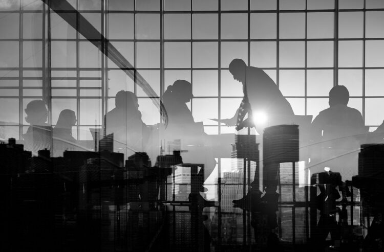 Silhouette Business People Discussion Meeting Cityscape Team Concept