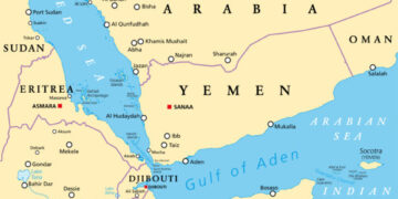 Gulf of Aden area, political map. Deepwater gulf between Yemen, Djibouti, the Guardafui Channel, Socotra and Somalia, connecting the Arabian Sea through the Bab-el-Mandeb strait with the Red Sea.